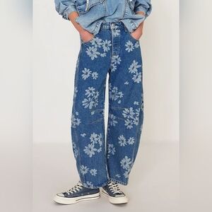 Floral Blue Wide-Leg Jeans Flower Print Y2K Jeans